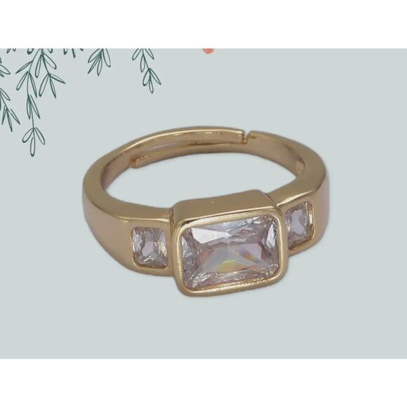 Big Square Cz Crystal Stone Gold Minimalist Stackable Ring Adjustable - Picture 2 of 5